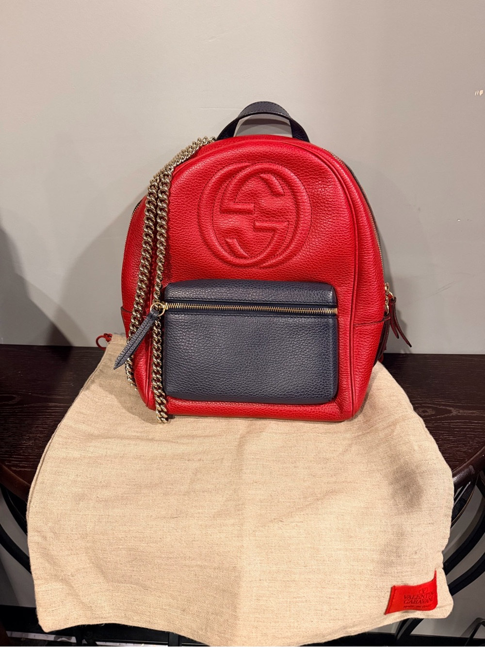 GUCCI *LIKE NEW* Red & Black Leather Mini Backpack & Gold Chain - W/ Dusty